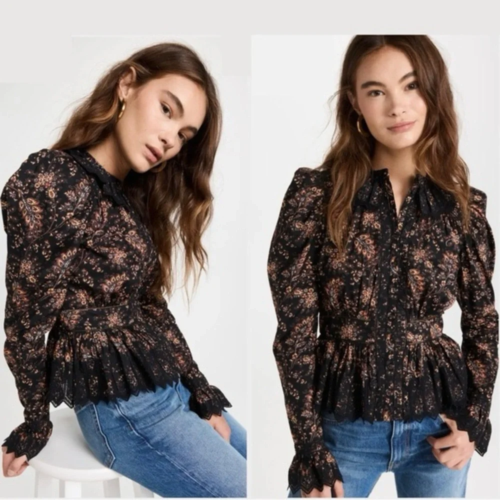 NWT ULLA JOHNSON Brigitte Puff Sleeve Peplum Blouse in Minuit Floral Print - Picture 2 of 12